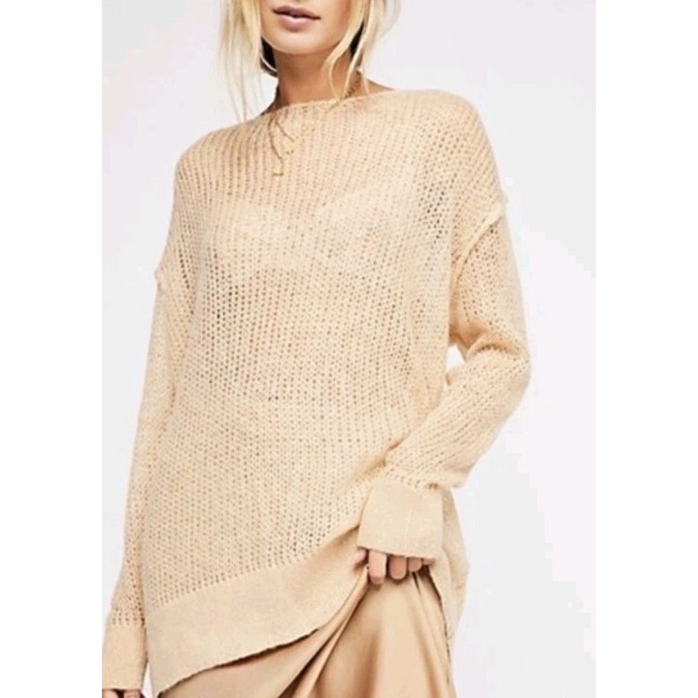 Free People Mohair Blend Open Knit Oversized Sweater Beige Off Shoulder Boho